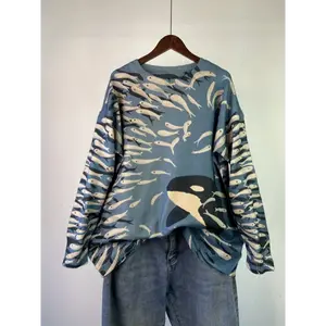 Women's Plus Size Knit Sweater, D83 Brushed Fish & Animal Print, Elegant Round Neck, Polyester, Long Sleeve, Regular Fit, All-Season, Pullover Style, No Belt, Knitted Fabric
