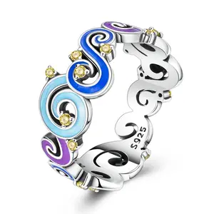 MULA 925 Silver-plated Starry Night Swirl Ring, Enamel and Zircon Galaxy Band, Celestial Blue Purple Lucky Ring, the best holiday gift for girls and women