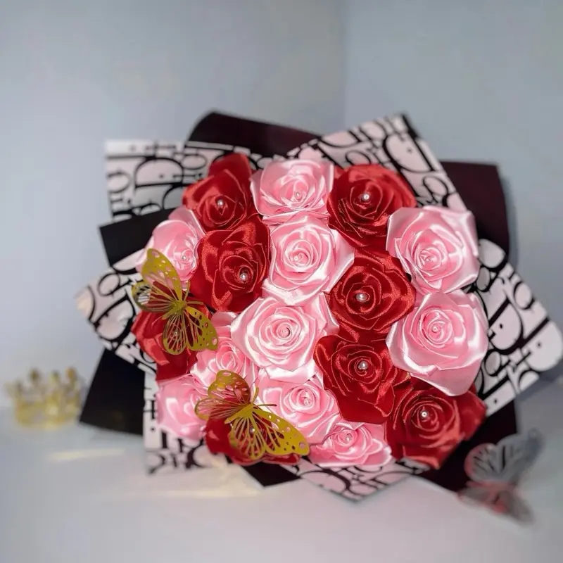 Handmade Eternal Satin Rose Bouquet - Prestige Edition, Pink & Red (18-Rose), Never Wither Silk Luster Decor for Flower Lovers
