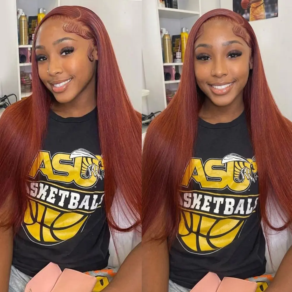 Bling Hair Reddish Brown Straight Lace Front Wig Human Hair 180 Density Copper Brown Ginger Glueless Brazilian Virgin Hair Pre Plucked Natural Hairline for Women