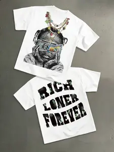 Men's Loose Fit Fashion Print T-Shirt, Cartoon Graffiti Style, Casual Daily Wear, Unisex, Young College Streetwear Trend