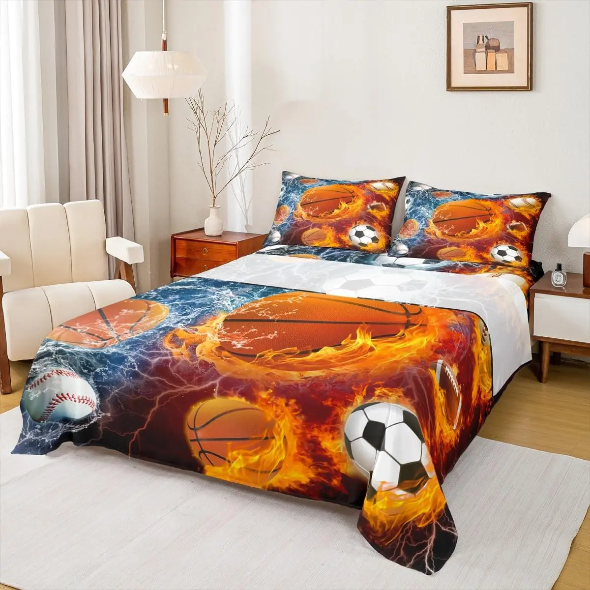 Sports Sheets,Baseball Soccer Football Basketball Bed Sheet Set Sports Gaming Bedding Set Men,Red Blue Ice Fire Lightning Fitted Sheet & Flat Sheet