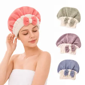 Coral fleece hat for dry hair, princess hat with two-tone bows, thick and absorbent towel for dry hair