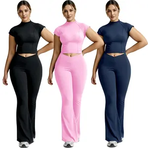 Crossover High Waisted Crop Tops Leggings Sets Tummy Control Crew Neck Women Stretchy Butt Lifting Yoga Outfit Gym Pants High Fashion Riding Exercise Fitness