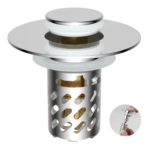 Hibbent Upgraded 3-in-1 Anti-Clogging Chrome Bathroom Stopper with Removable Stainless Steel Filter Basket Drain Protector, Durable Universal Pop-Up Metal & Brass Drain Strainer for 1.1''-2.36'' Standard Basin Hole, Bathroom Decoration Accessories
