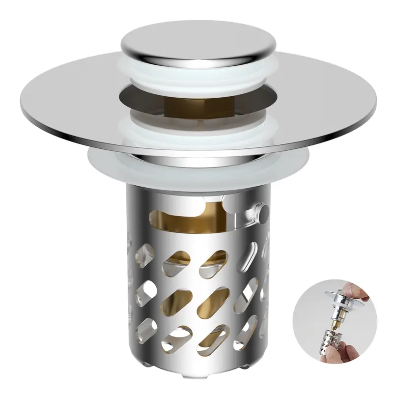 Hibbent Upgraded 3-in-1 Anti-Clogging Chrome Bathroom Stopper with Removable Stainless Steel Filter Basket Drain Protector, Durable Universal Pop-Up Metal & Brass Drain Strainer for 1.1''-2.36'' Standard Basin Hole, Bathroom Decoration Accessories