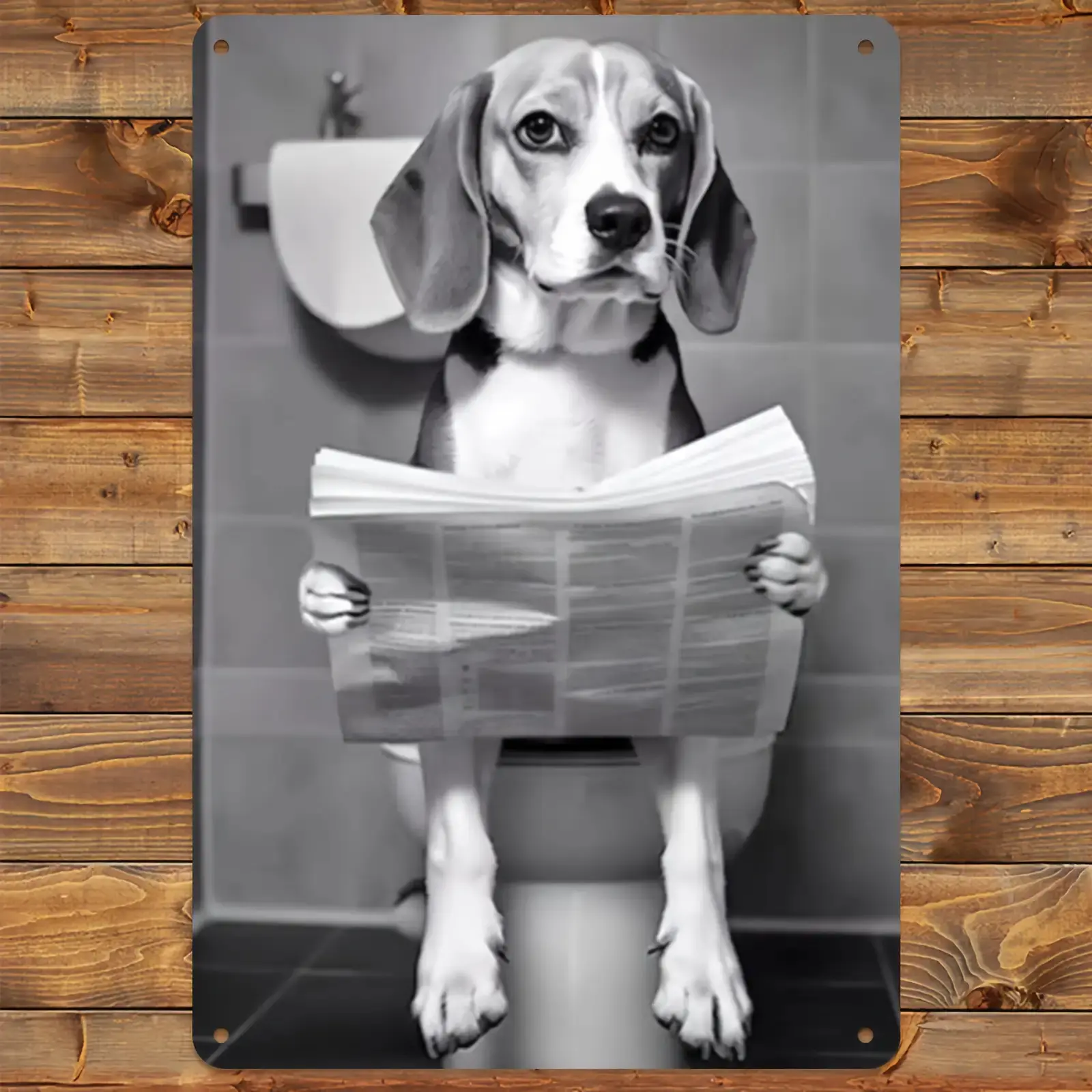 1pc Funny Beagle Dog Print Poster - 8x12 Inches (20x30cm) Durable Aluminum Metal Wall Sign, Bathroom Humor Hanging Decor with Beagle Reading Newspaper on Toilet, Pet Lover Gift for Home Office, Easy Hang No Wiring Needed