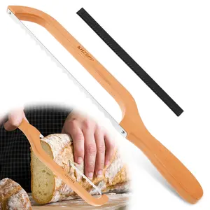 Bread Bow Cutter Serrated Bagel Cutter Stainless Steel Sourdough Bread Slicer Portable Bread Cutting Tool with Bamboo Handle Bread Slicer for Homemade Bagels Bread Baguettes