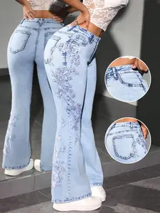Women's Fashion Trendy Versatility Elasticity Handmade Embroidery Micro Flare Heavy Craft Washed Jeans Long Pants