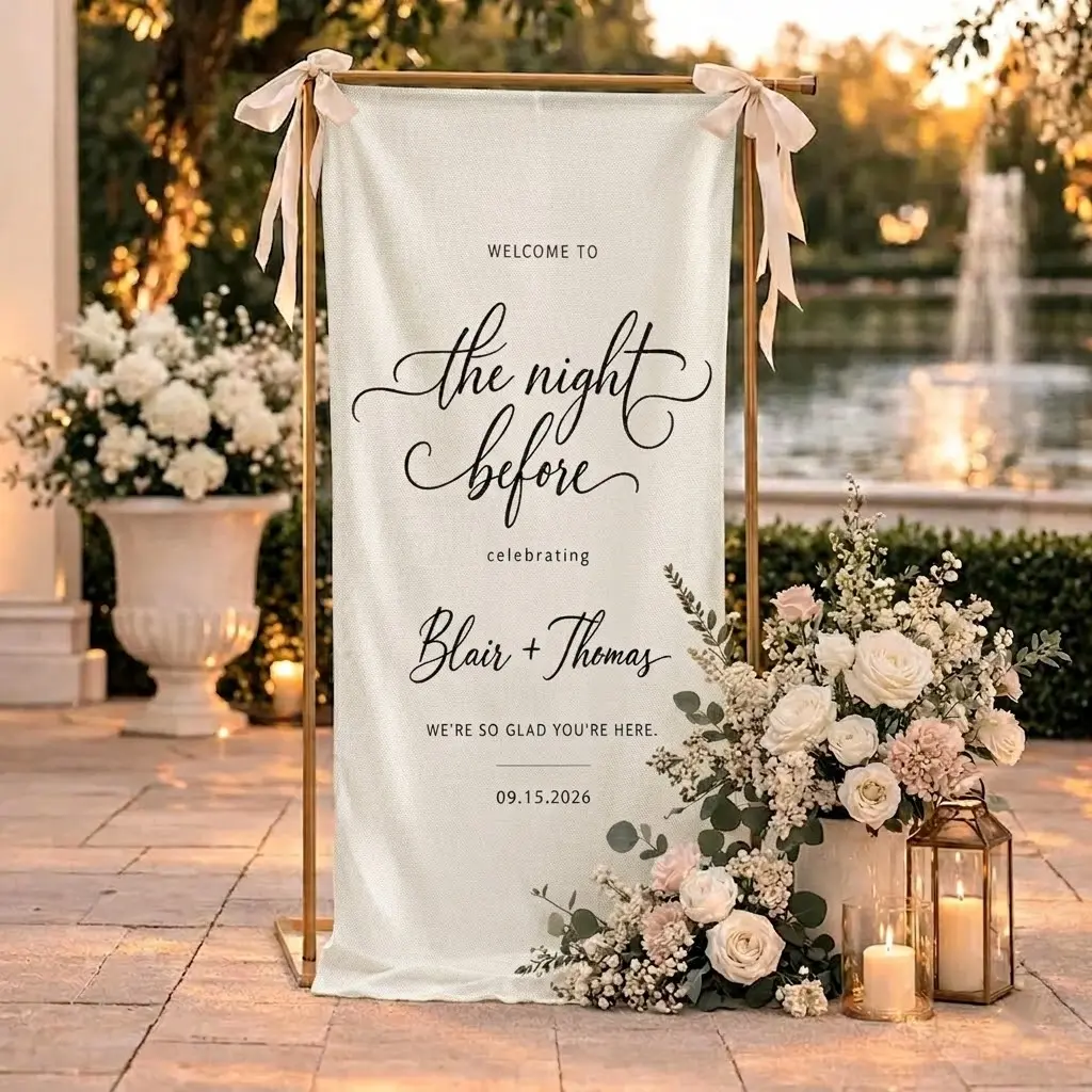 Rehearsal Dinner Welcome Sign, The Night Before Wedding, Custom Fabric Sign with Names and Date