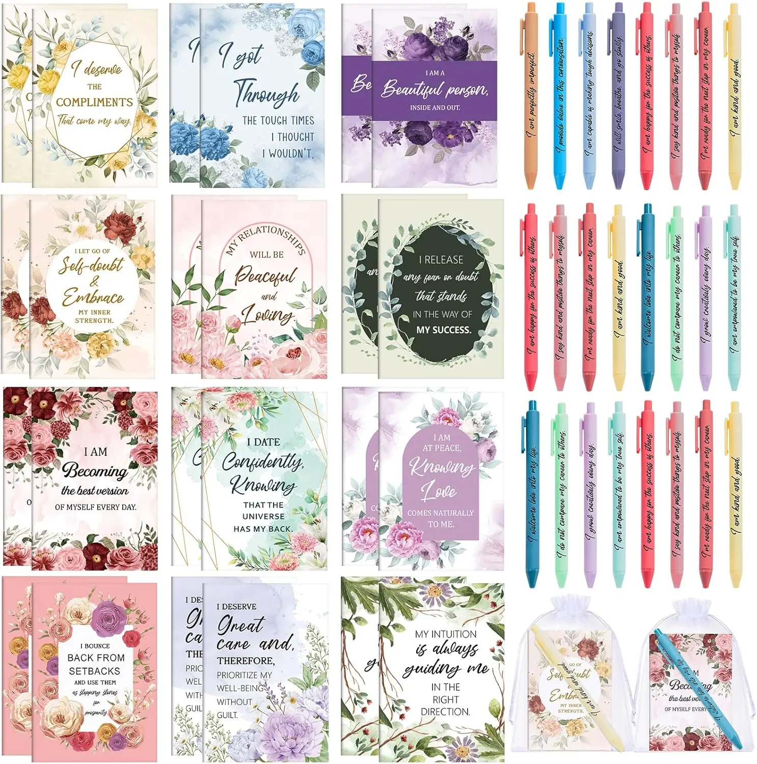 Positive Affirmation Gift Set Gratitude Notebooks with Pens Small Bags Motivational Encouragement Notepads Daily Affirmations Journal for Women Stress Relief Self Care (Watercolor)