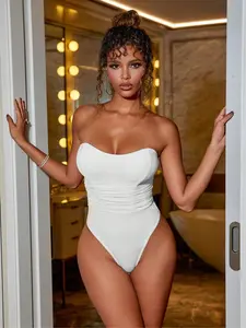 Rave Romantic Slim-Fit Mesh Splicing Ruched Fishbone Detail Backless Tube Corset Bodysuit