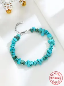 S925 Sterling Silver Natural Turquoise Decor Bracelet, Fashionable Jewelry for Women & Girls, Trendy All-match & Exquisite Jewelry for Birthday Gift