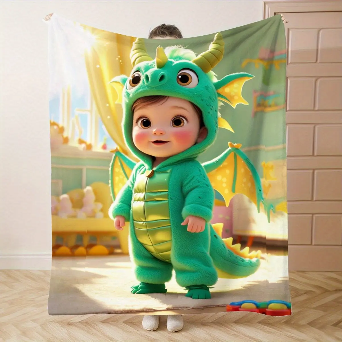 1PC Children in Green Dragon ClothesPrint Flannel Blanket | Beautiful and Comfortable Warm Nap Blanket for Sofa, Bed, Office, Car, Camping Travel Blanket, Home Decoration - Four Seasons Gift