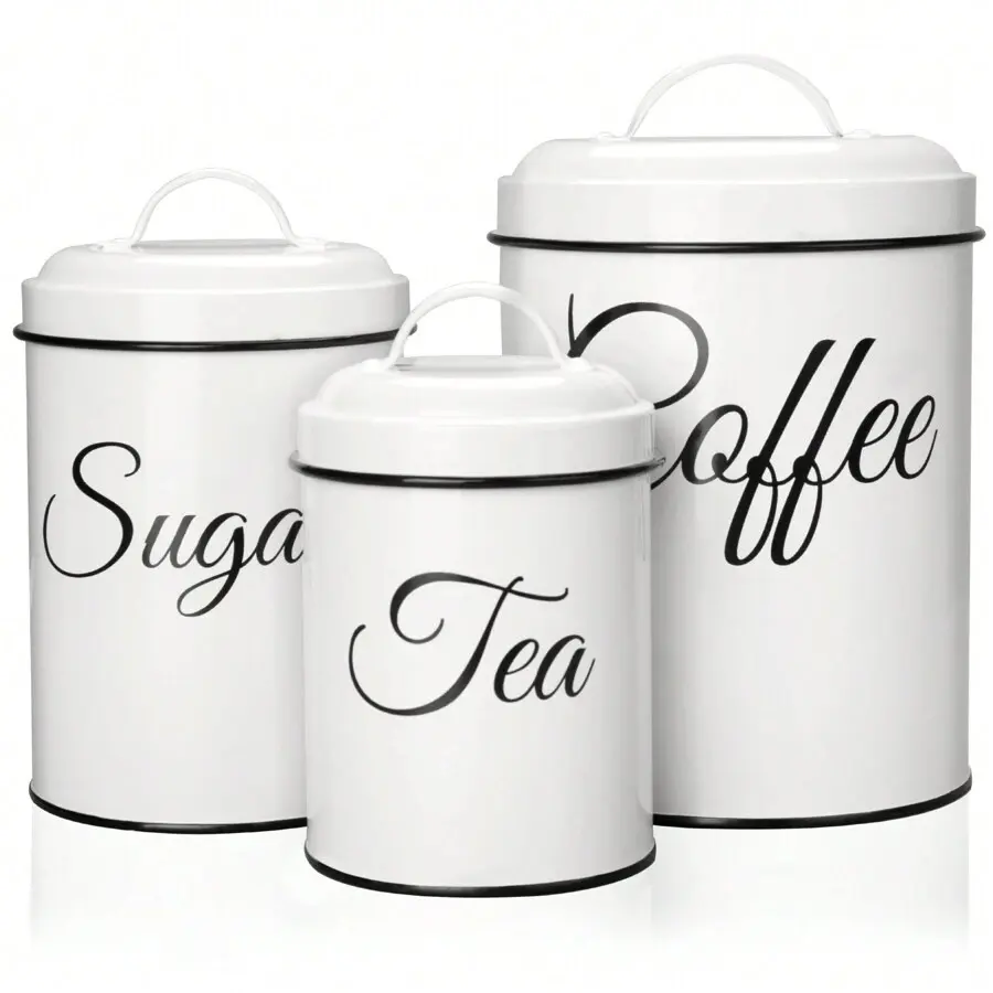 Kitchen Canisters Food Storage Jar, 3 Piece Set, Country Rustic Farmhouse Canisters Sets For The Kitchen Counter, White