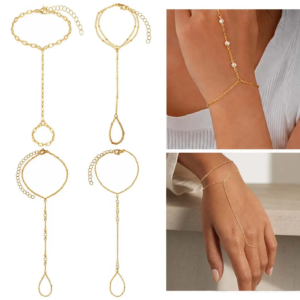 4pcs Women's Multi-Piece Golden Bead Finger Chain Set - Minimalist Layered Chains with Beads, Interlocking Bracelets for Spring Daily Wear, Parties & Gifts