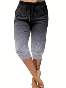 ELI Women's Ombre Print Capri Pants, Casual Comfy Drawstring Waist Capri Pants for Summer, Ladies Bottoms for Daily Wear