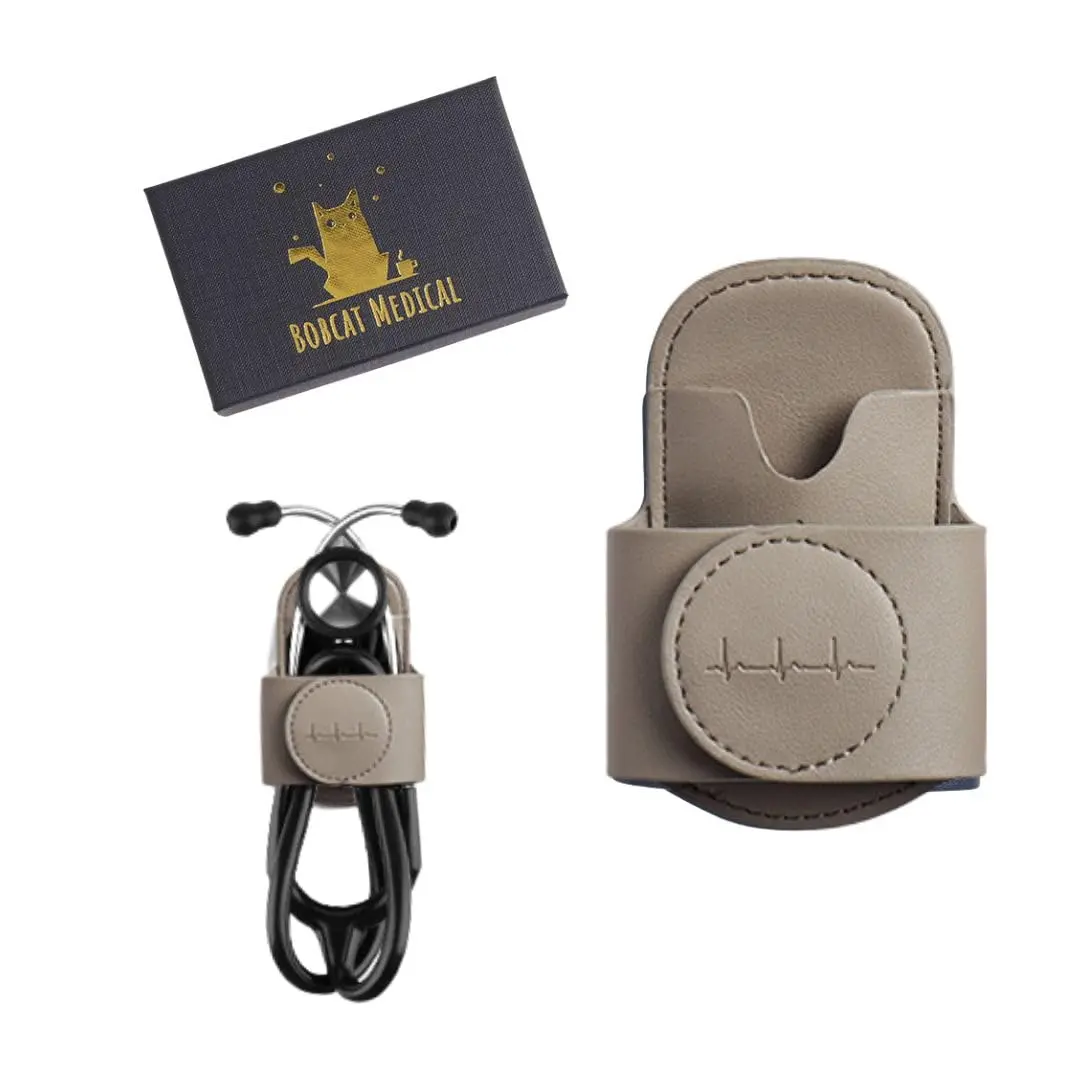 BOBCAT MEDICAL (Gray) - Leather Stethoscope Holder with Strong Magnet. This Stethoscope Hip Clip is Great for Littmann, MDF, ADC. Stethoscope Holster Gift Box Included.