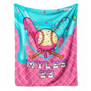 Baseball Ice Cream Throw Blanket, Personalized Name Number Dripping Flannel Blanket, Soft Cozy Warm Throw, Neon Melt Waffle Cone Glove Design, Custom Gift for Baseball Player Boy, Cool Sporty Bedroom Dorm Dugout Decor (Remarks/Message)