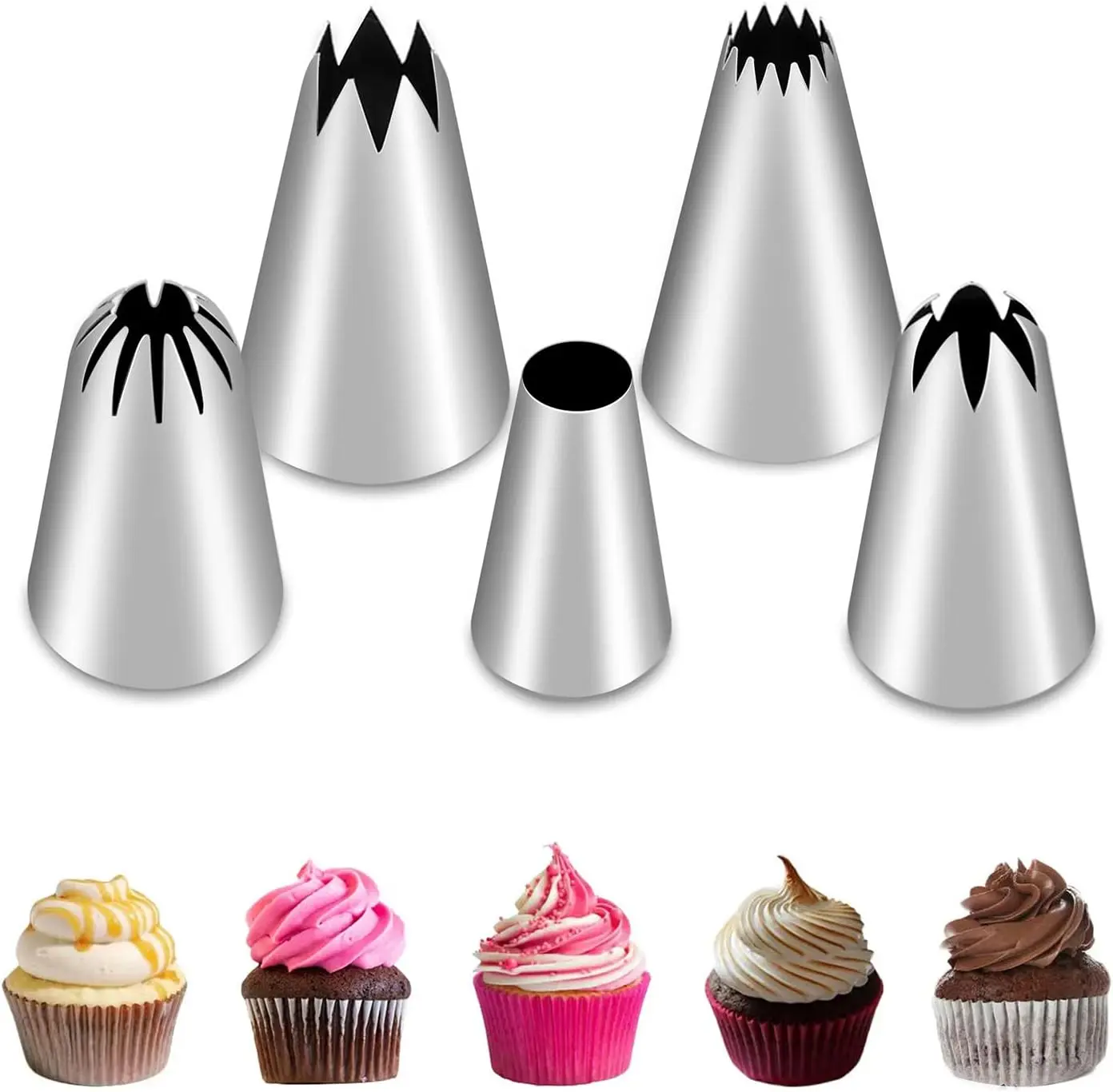 5PCS Large Piping Tips Set, Stainless Steel Cake Decorating Tips, Frosting Icing Tips for Cupcakes, Cake, Cookie and Decorating (Dishwasher Safe)