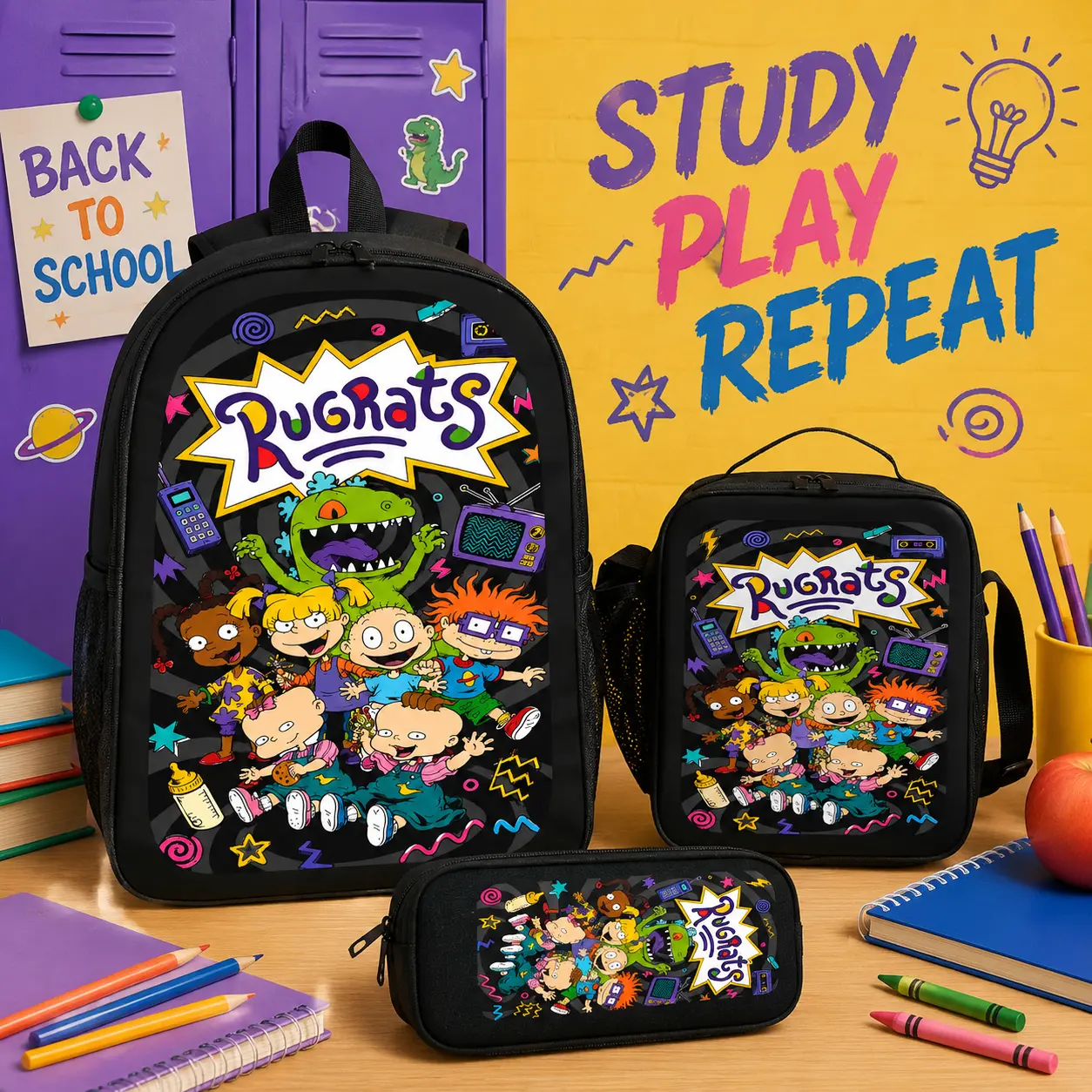 Cute Graphic Rugrats Cartoon Backpack Set - 3-Piece Design with Lunch Box, Pencil Case, Built-in Organizer, Casual Daily Use Backpack for Kids, Back to School Gift, Holiday, Elementary School