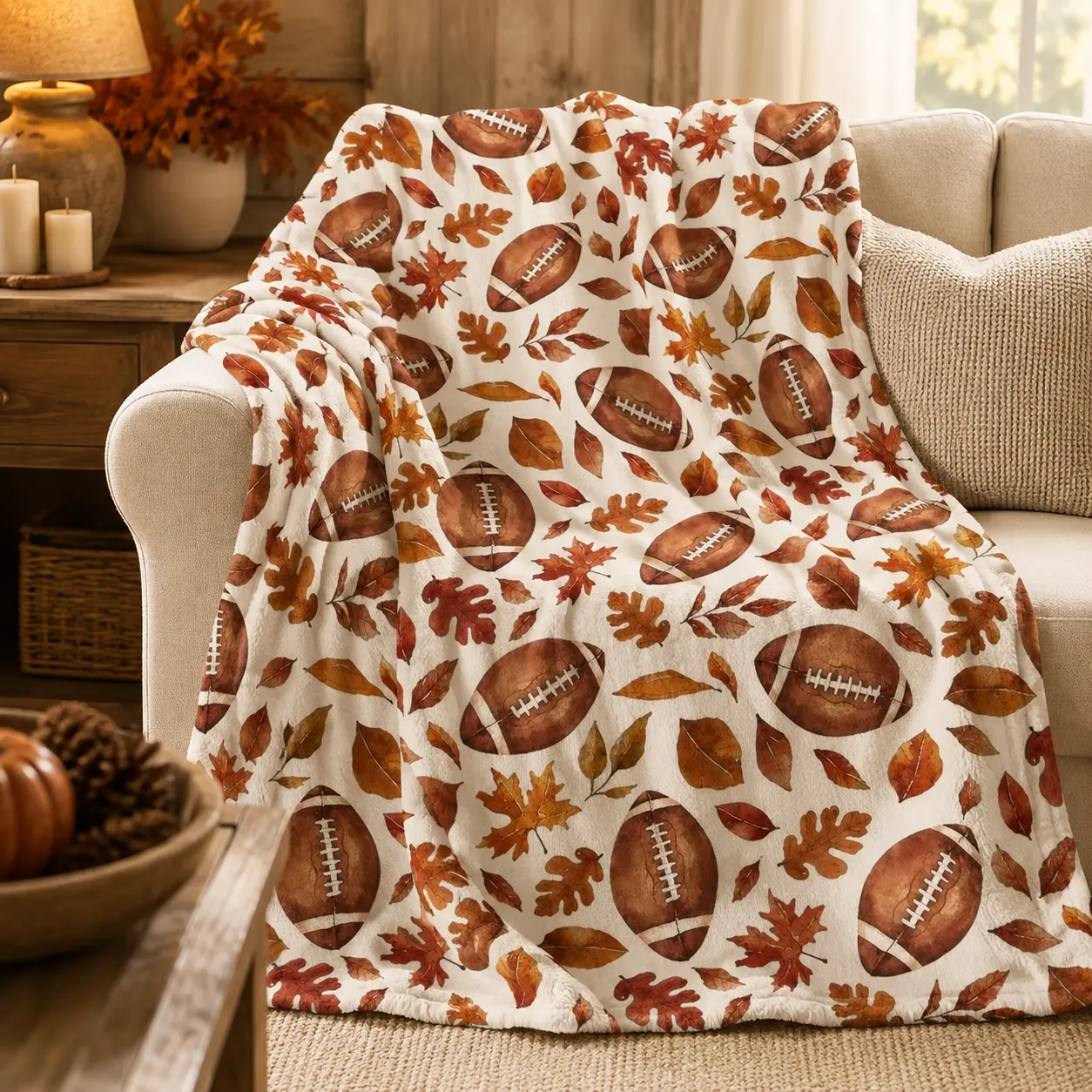 Fall Football Maple Leaf Flannel Throw Blanket - Watercolor American Football & Autumn Harvest Foliage Art Print, Soft Lightweight All-Season Fuzzy Blanket for Couch, Cozy Game Day Decor, Thanksgiving Holiday Gift