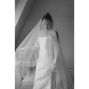 Drop Cathedral Wedding Veil with Horsehair Ribbon & Blusher