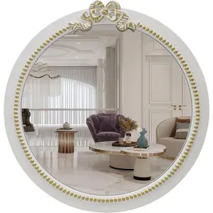 Round Wall Mirror 20inch Farmhouse Wooden Vanity Mirror for Wall Decor, Decorative Antique White Bathroom Mirrors, Traditional Art Home Bow Decor for Dressing Table, Living Room or Bedroom