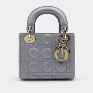 Pre-owned Dior FRANCE Crossbody Bags H1 Lady three grid mini Daifei pearl gray sheepskin gold hardware H02276