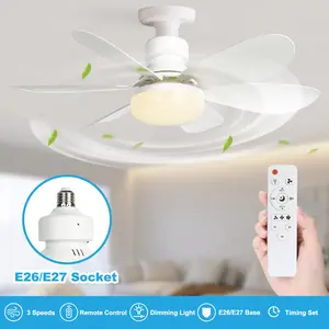 Ceiling Fan with Light Socket, Light Bulb Ceiling Fan, E26 Base Small Ceiling Fan, Dimming Fan Light, with Remote Control for Tri Color Dimming, Adjustable Brightness, 3-speed Wind Speed, Suitable for Bedrooms, Garages, Kitchens, Living Rooms, Etc