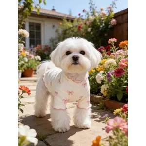 1pc Pet Dog/Cat Clothing, Allover Print With Pink Bow Tie, Breathable & Comfortable Knit Sweater, Suitable For Poodle, Chihuahua, Teddy, Spring/Autumn