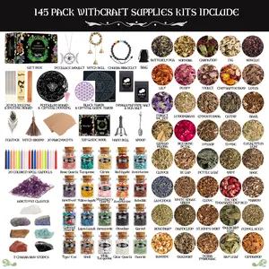 Green Wiccan Essentials Kit: 145-Piece Witchcraft Supplies Bundle for Halloween Magic - Dried Herbs, Crystals, Candles & More! Ideal for Green Witchcraft Altars and Enchanting Spells