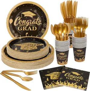 Goodluck Black & Gold 2026 Congrats Grad Disposable Tableware Sets, 350 PCS Graduation Party Supplies Include 9" & 7" Disposable Graduation Paper Plates, 9Oz Cups, Napkins & Cutlery for 50 Guests