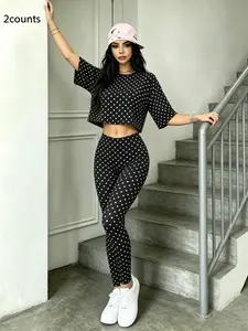 Y2K Retro Polka Dot Casual Loose Short Round Neck T-Shirt + Mid Waist Slim Fit Yoga Pants Set, Gym Essential for Women