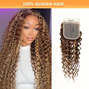 New 2025 Arrivals Brazilian Virgin Human Hair 4x4 HD Transparent Lace Closure - Honey Blonde & Ombre Brown Deep Wave Curly Sew-In, Pre-Plucked P4/27, Remy Hair for Women of All Ethnicities, Versatile Hairpiece |   Honey Blonde Highlights |   Highquality H