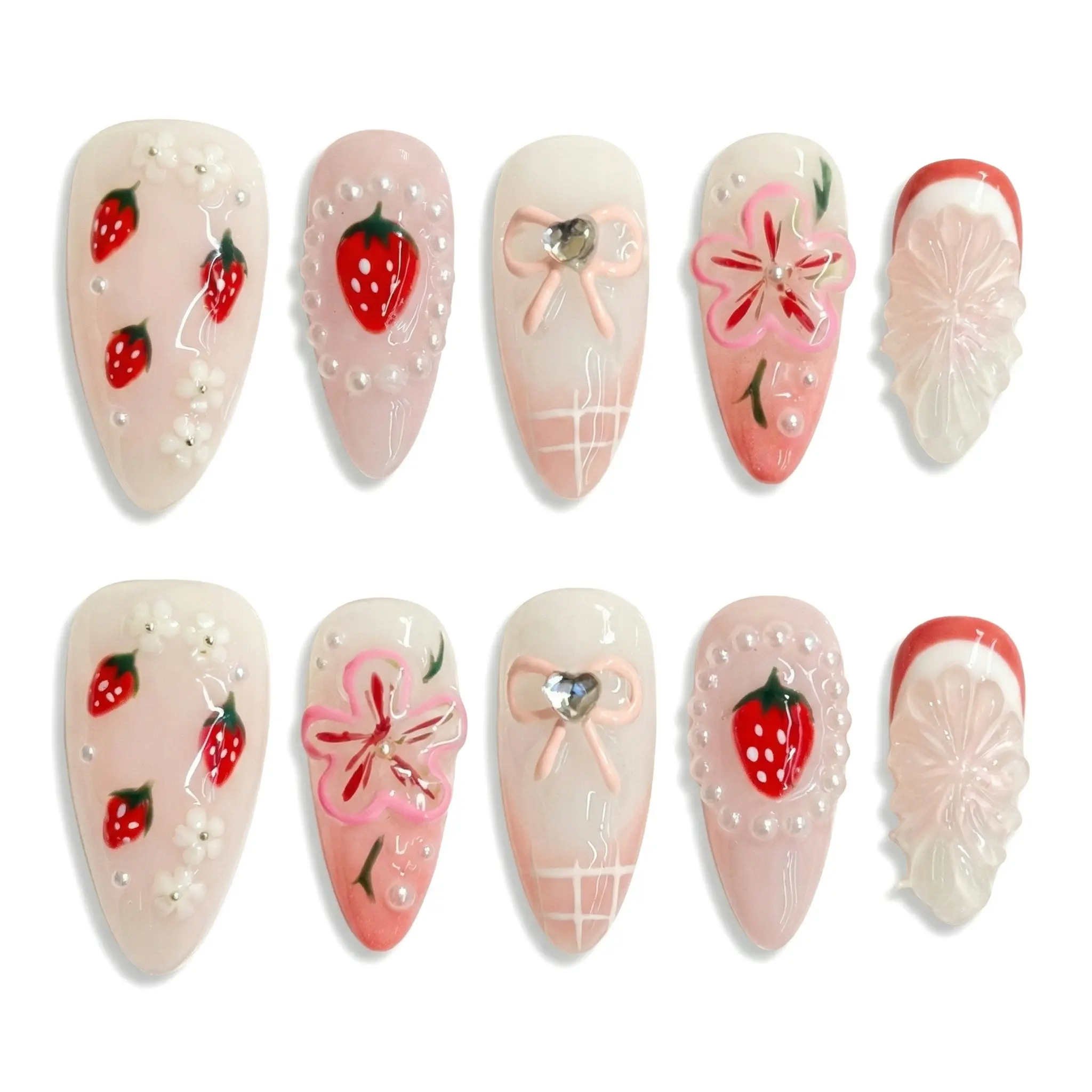 Press-On Nails, Handmade Strawberry Sweetheart Design, Medium Almond Fake Nails, Reusable Manicure Art Kit - Size M, Handmade Press On Nails
