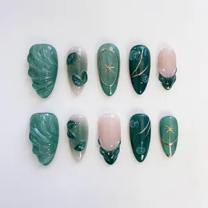 Emerald Forest Cat Eye Press on nails Short Almond Nails/Emerald nails/Green nails/Cat Eye nails/3D Chrome Nails/Summer Nails/Holiday Nails WKKIHT