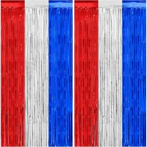 Red White and Blue Decorations Streamers, Thicken 2 Pack 3.2 X 8.2 FT Tinsel Backdrop Curtains, Foil Fringe Backdrop for Birthday, 4th of July, Veterans Day, USA Patriotic Party Decorations
