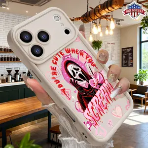 Funny Halloween Pink Ghost Mask Heart Graffiti Slim Case for iPhone 17 16 15 14 Pro Max 13 12 11 XR XS Plus Air Shockproof Anti Drop Durable Anti Scratch TPU Cover Gift For Friends