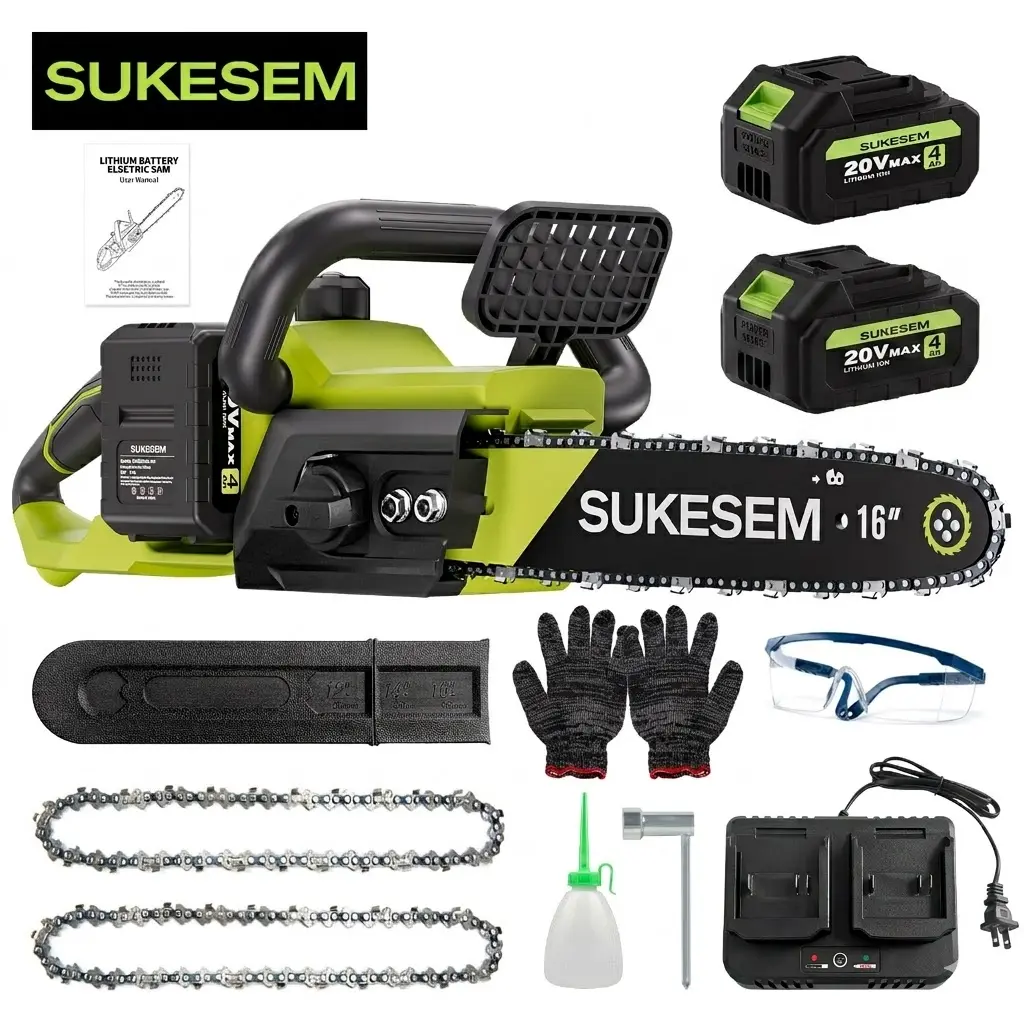 SUKESEM 16 Inch Cordless Motor Chainsaw, 20V Brushless Battery Powered Electric Chain Saw, Cuts Logs up to 14”, 2×4.0Ah Batteries & Charger, Tool-Free Chain Tension, Auto Oiler, Safety Lock for Tree Felling, Wood Cutting & Storm Cleanup