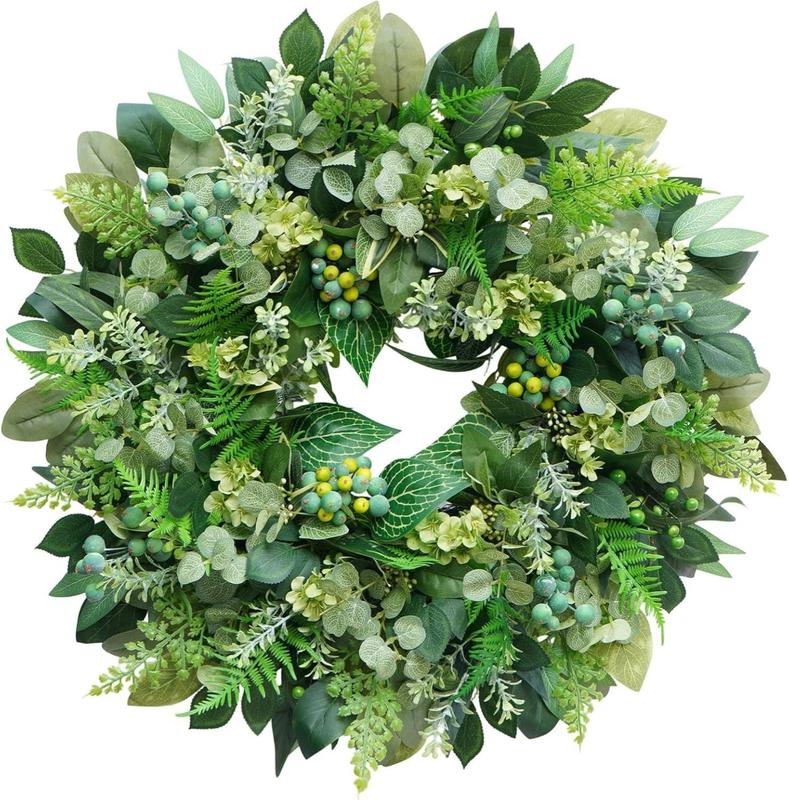 24 Inch Green Wreath for Front Door - Artificial Greenery Wreath with Berries, Indoor Outdoor All Season Year Eucalyptus Wreath for Farmhouse Home Decor, Spring Summer Fall Winter