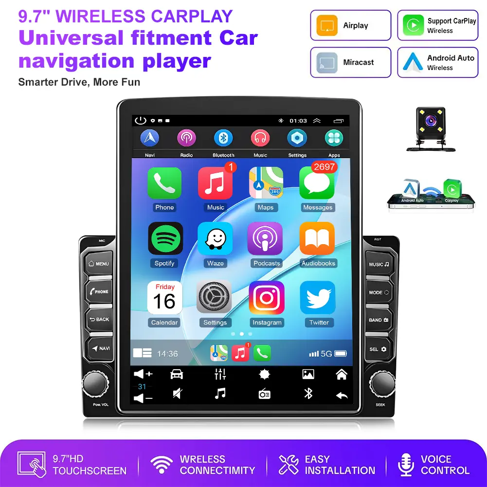 Universal 9.7in Double Din Car Stereo Radio for Impala 2014-2020 GPS Navigation Head Unit with Backup Camera Support Wireless Carplay Bluetooth WiFi SWC Mirror Link