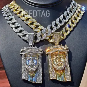 Hip Hop Iced Necklace Chaind & Jumbo Bling Out Relgious Jesus Head Pendant Set
