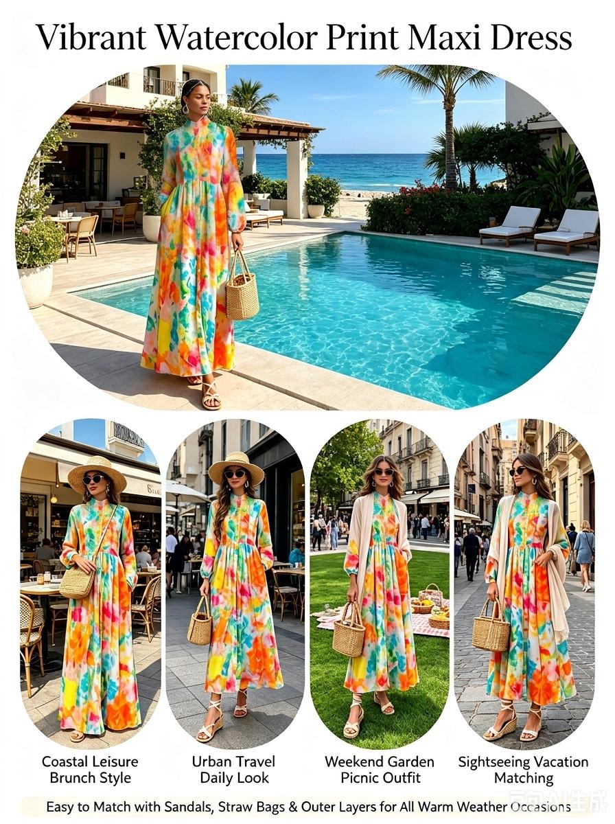 UOOZEE Women's Floral Print Long Sleeve Maxi Dress, Lightweight A-Line Style Polyester Shirt Dress with Pockets for Party, Elegant Dresses For Women