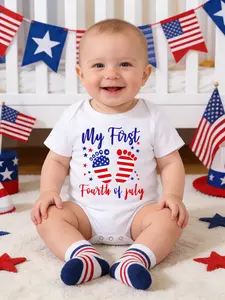 Independence Day Clothing Summer New Arrivals Newborn Baby Boy Girls Casual Cute Simple Letter Print Crew Neck Short Sleeve Jumpsuit Letter Print Bodysuit