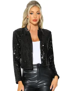 INSPIRE CHIC Women's Party Long Sleeve Open Front Sparkle Glitter Blazer Sequin Crop Jacket