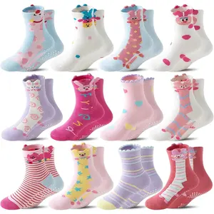 L-QE010   12 Pairs Baby Girls Boys Toddlers Kids Grips Socks Non-Slip/Anti-Skid Funny Cartoon Breathable Cotton Crew Socks