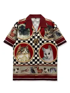 Vintage Cat Pattern Print Shirt, Casual Button Shirt, Wine, Plaid, Casual Fashion, Artistic Style, Summer Vacation Wear, Short Sleeve, Fitted, Hawaiian Clothing, Tops, Menswear