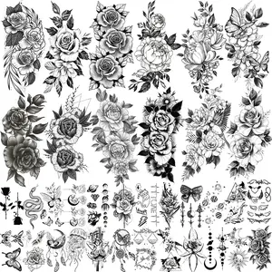 36 Sheets Realistic Black Rose Peony Flower Temporary Tattoos for Women Adults Body Art Arm, Snake Fake Floral Sketch Sleeve Tattoo Sticker Durable Waterproof
