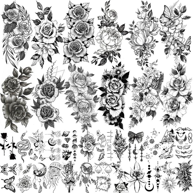 36 Sheets Realistic Black Rose Peony Flower Temporary Tattoos for Women Adults Body Art Arm, Snake Fake Floral Sketch Sleeve Tattoo Sticker Durable Waterproof